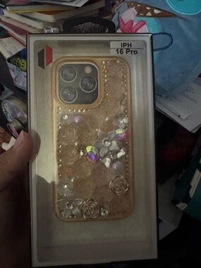 iPhone 16 Pro Decorative Bling Case - Gold Floral with Rhinestones